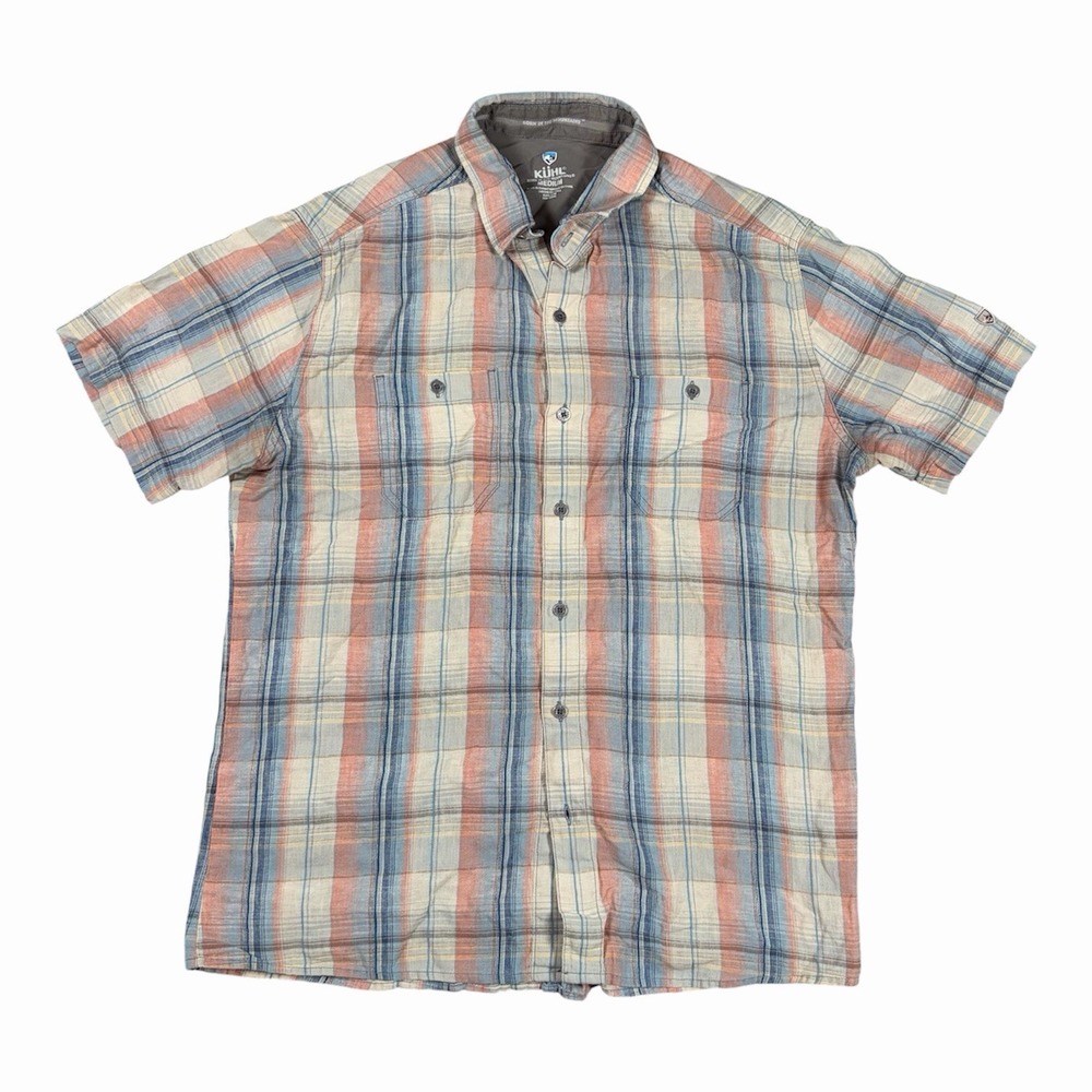 Kuhl Men's Medium Skorpio Plaid Short Sleeve Shirt Linen Cotton Hiking 7218